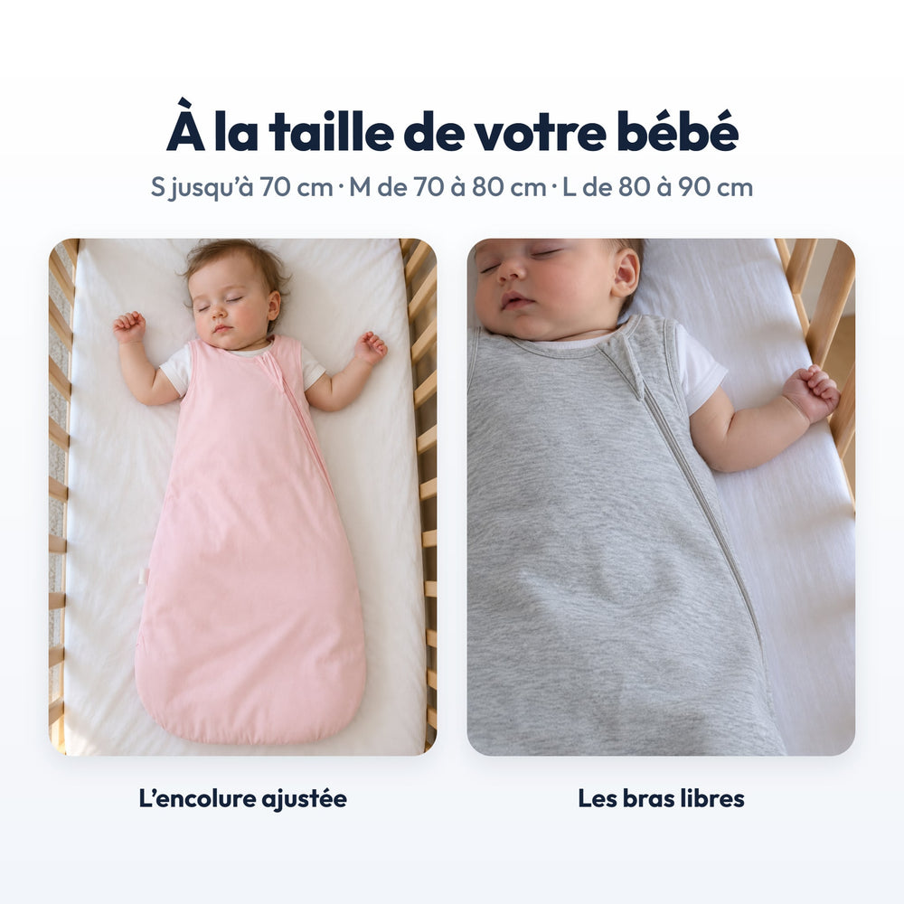 Gigoteuse Bambou Sans Manches Securidou : tailles S jusqu’à 70 cm, M de 70 à 80 cm, L de 80 à 90 cm