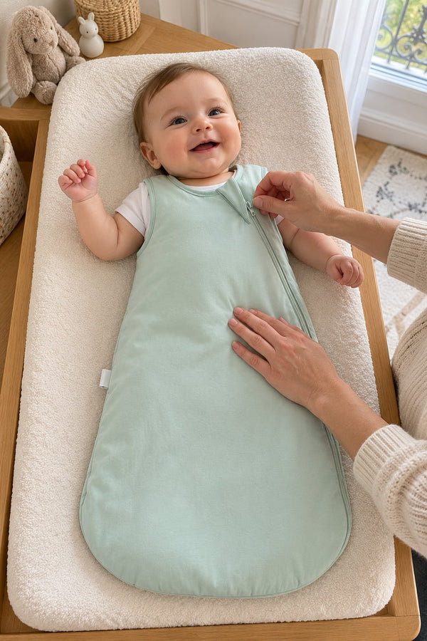 Main d’un parent qui remonte le zip en diagonale de la gigoteuse vert sauge Securidou, l’autre main sur bébé