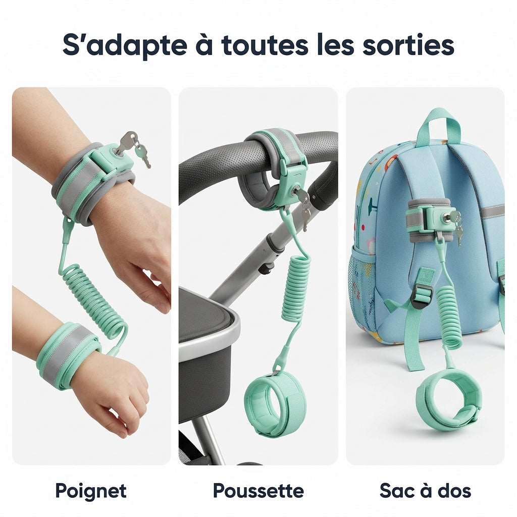Bracelet anti-perte bébé Securidou, fermeture velcro et clip sécurisé