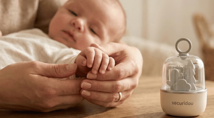 Parent qui tient la main de son bébé, le kit manucure Securidou posé sur la table