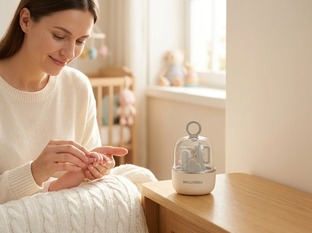 Maman sereine utilisant le kit manucure bebe Securidou - La solution pour des soins ongles sans stress