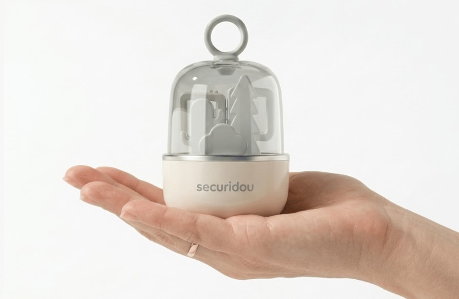 Boîtier capsule du kit manucure bébé Securidou posé dans la paume d’une main