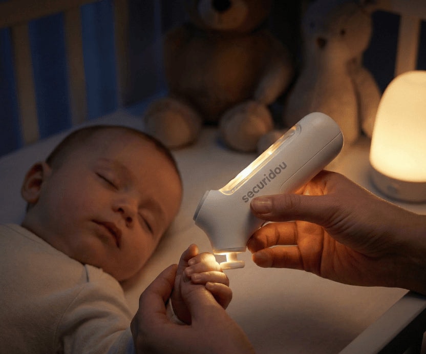 Parent qui lime les ongles de son bébé endormi avec la lime électrique Securidou, lumière allumée