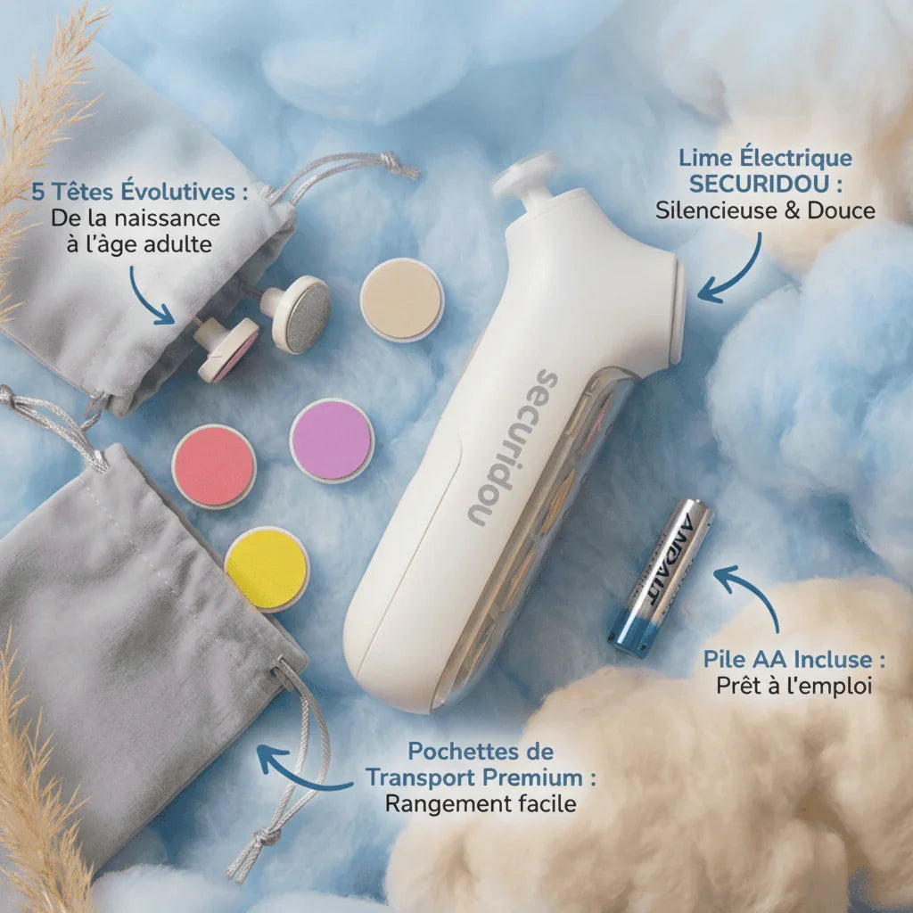 Lime à ongles électrique bébé Securidou, packaging et coffret