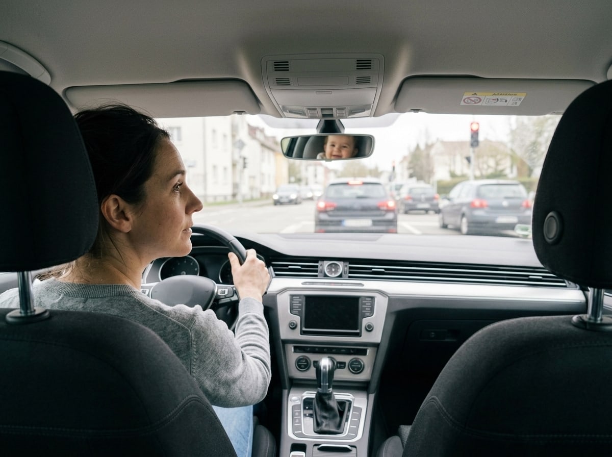 Même conductrice, face à la route, qui voit son bébé dans le rétroviseur central