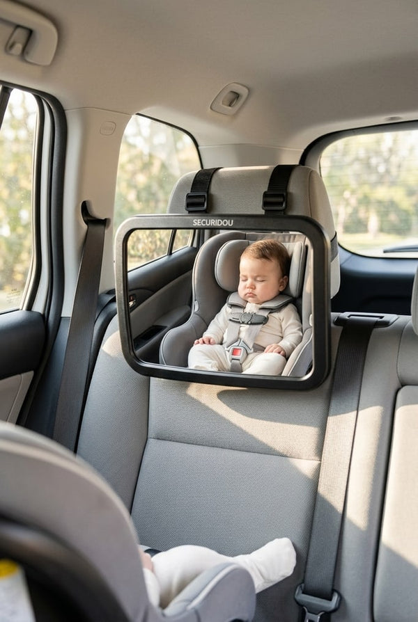 Bébé endormi dans son siège auto, visible dans le miroir fixé sur l’appui-tête