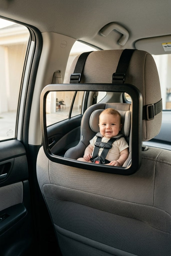 Bébé qui sourit dans le reflet du miroir de surveillance voiture Securidou