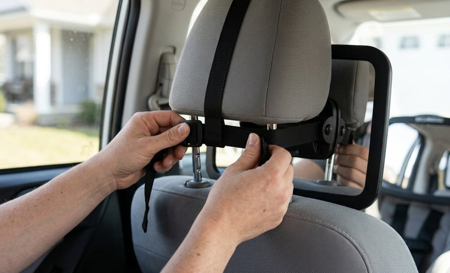 Mains qui serrent la sangle du miroir autour de l’appui-tête, sans outil