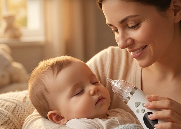 Maman utilisant le mouche-bébé électrique Securidou sur son bébé, au calme