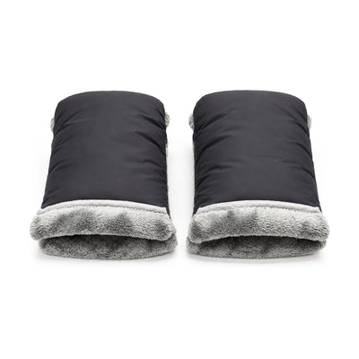 Moufles de poussette noires Securidou, doublure peluche grise, sur fond blanc