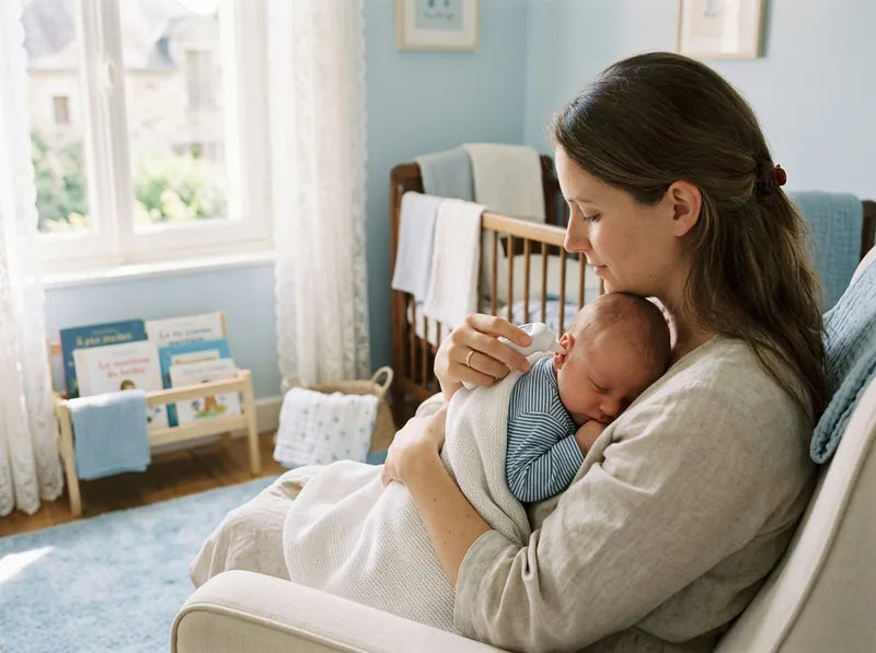 Parent prenant la température auriculaire d'un bébé endormi avec un thermomètre électronique