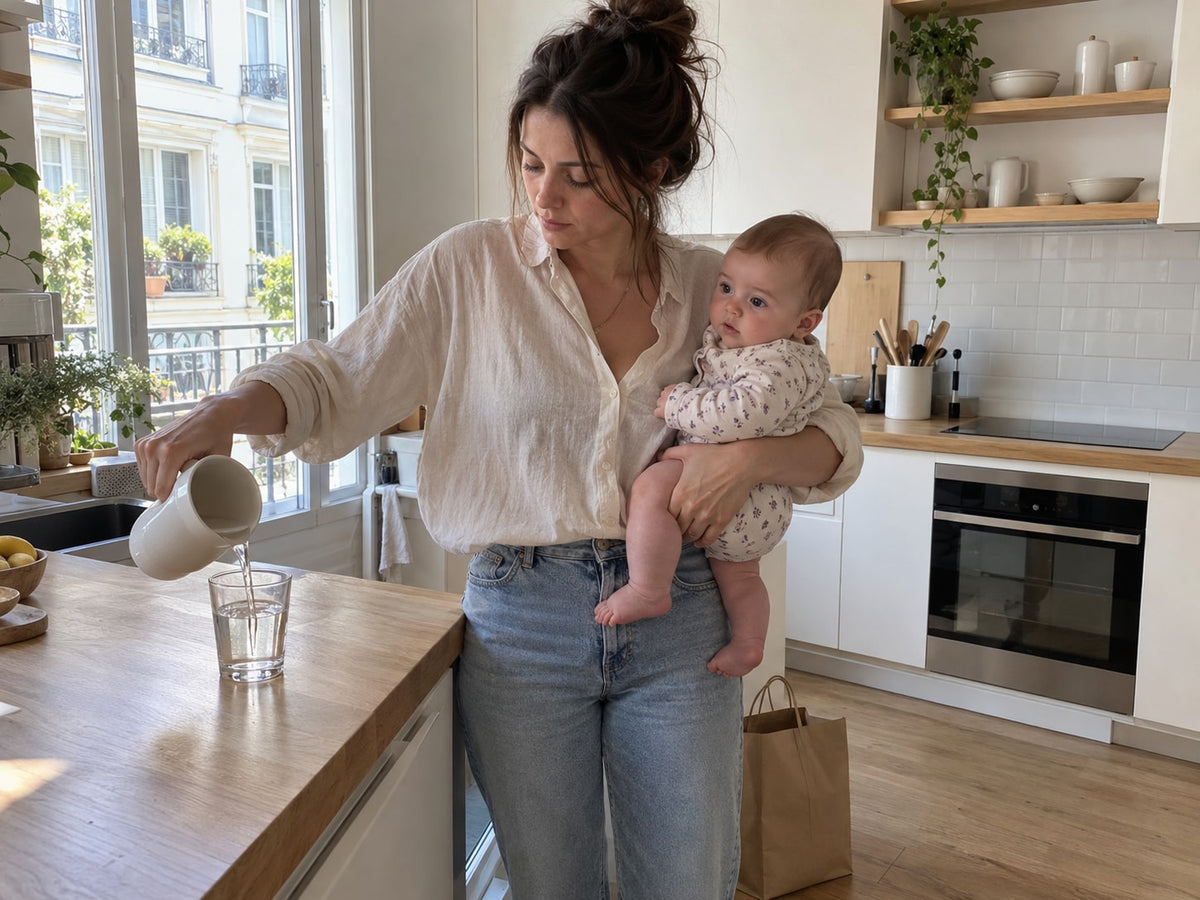 Mère qui porte son bébé sur un bras et sert un verre d’eau de l’autre main