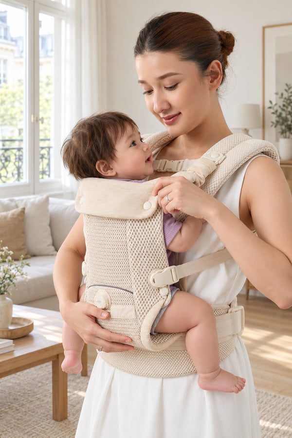 Mère qui installe son bébé jambes écartées dans l’assise du porte-bébé Securidou