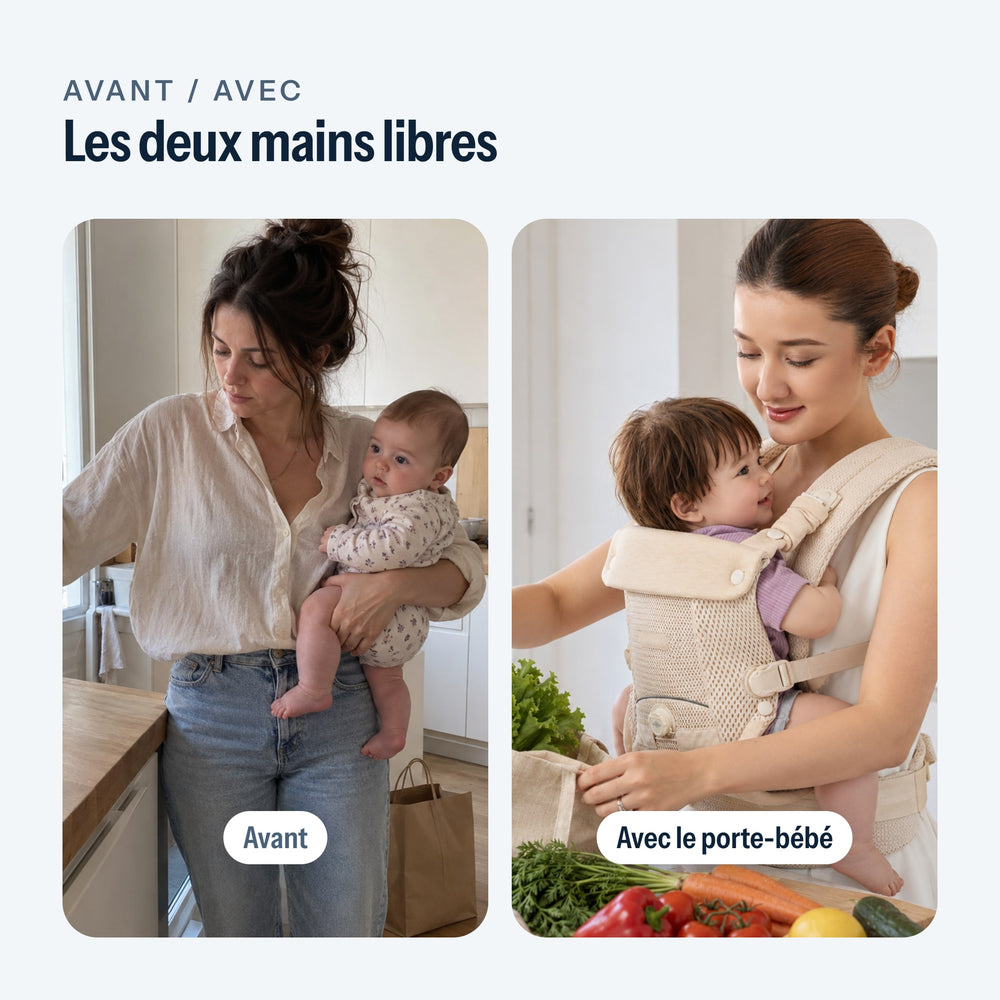 Avant, le bébé sur un bras ; avec, le bébé dans le porte-bébé et les deux mains libres