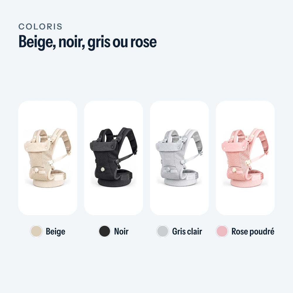 Les quatre coloris du porte-bébé : beige, noir, gris clair ou rose poudré