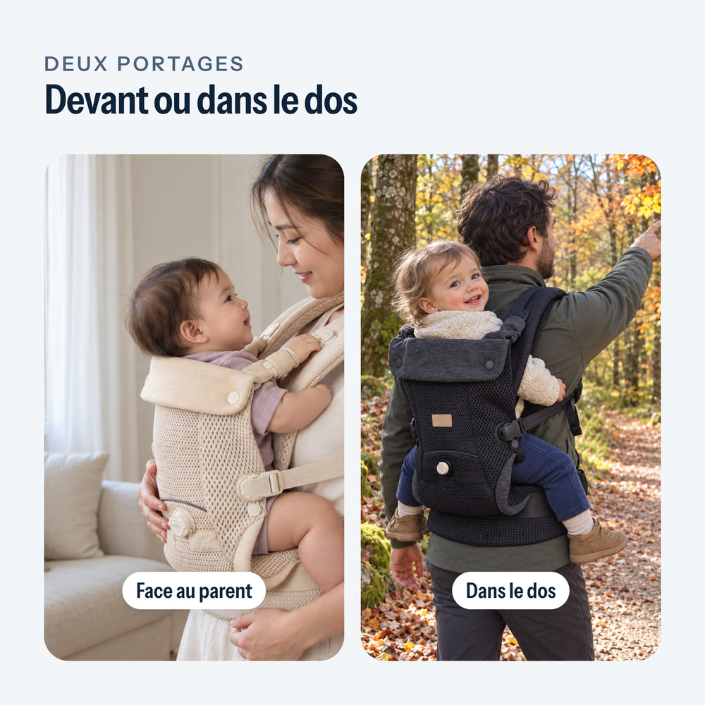 Portage devant, face au parent, et portage dans le dos