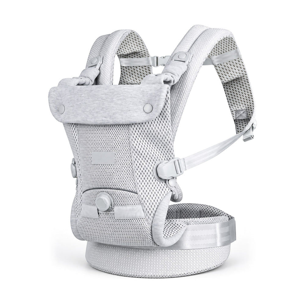 Porte-bébé ergonomique gris clair Securidou en filet ajouré, sur fond blanc