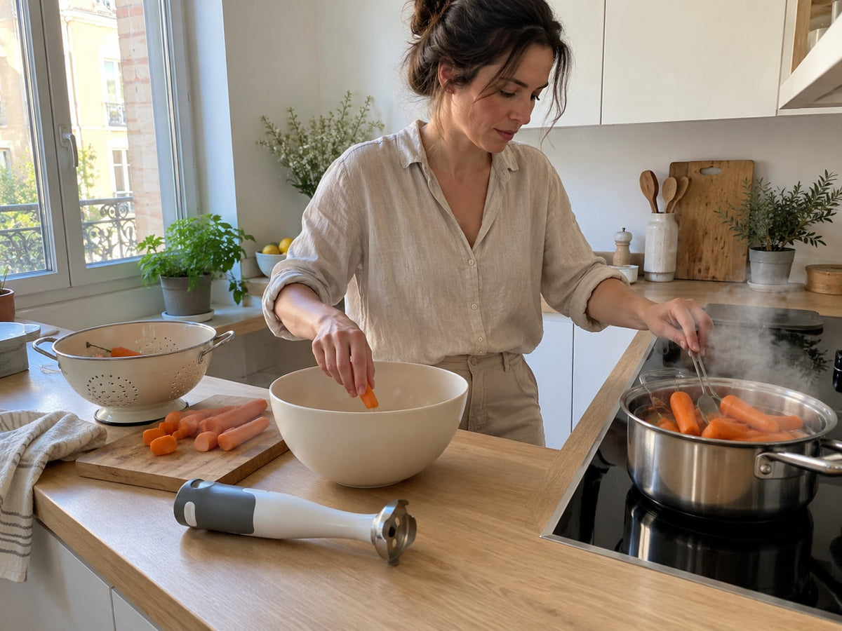Casserole vapeur, mixeur et ustensiles sur le plan de travail pour préparer une purée