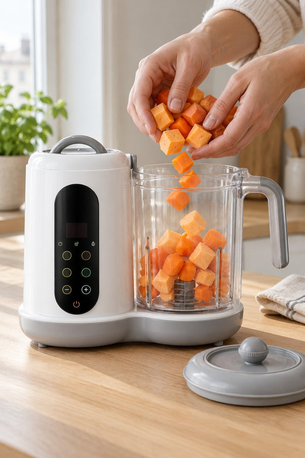 Légumes coupés en dés déposés dans le bol transparent du robot cuiseur Securidou