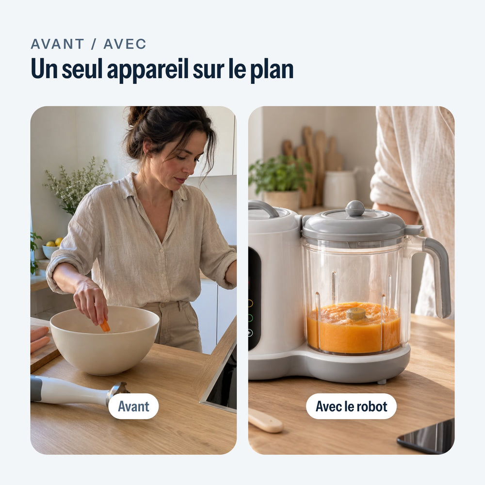 Avant : casserole et mixeur sur le plan de travail. Avec : le robot cuiseur seul