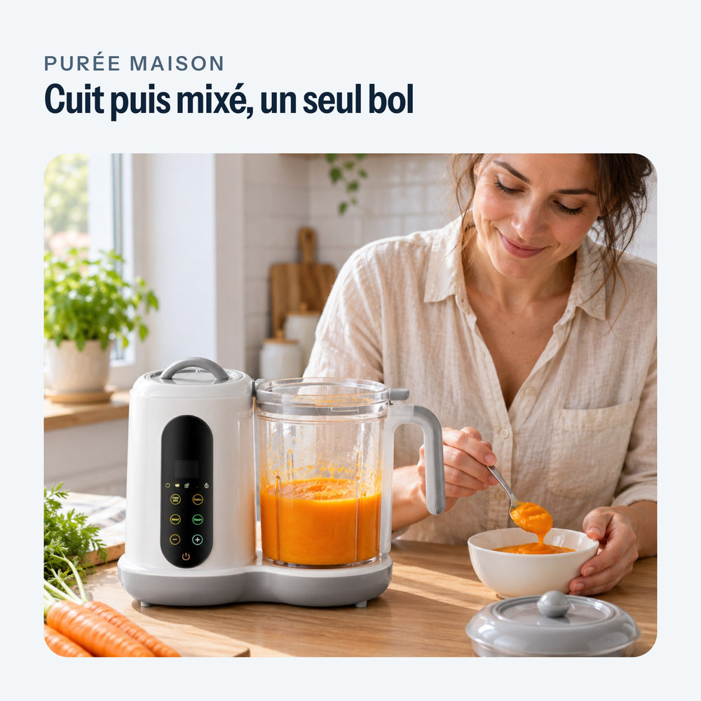 Parent qui sert la purée maison préparée dans le robot cuiseur