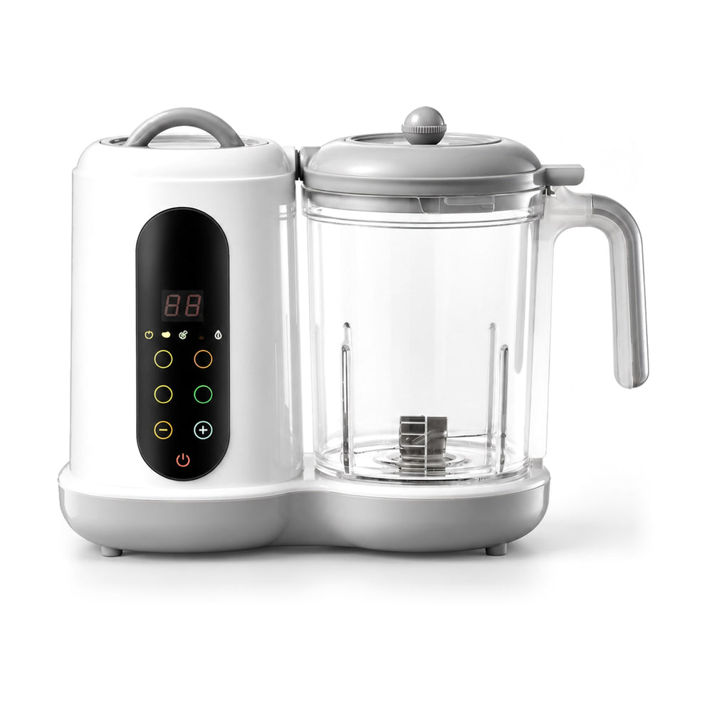 Robot cuiseur mixeur bébé Securidou blanc et gris, bol transparent, sur fond blanc
