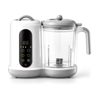 Robot cuiseur mixeur bébé Securidou blanc et gris, bol transparent, sur fond blanc