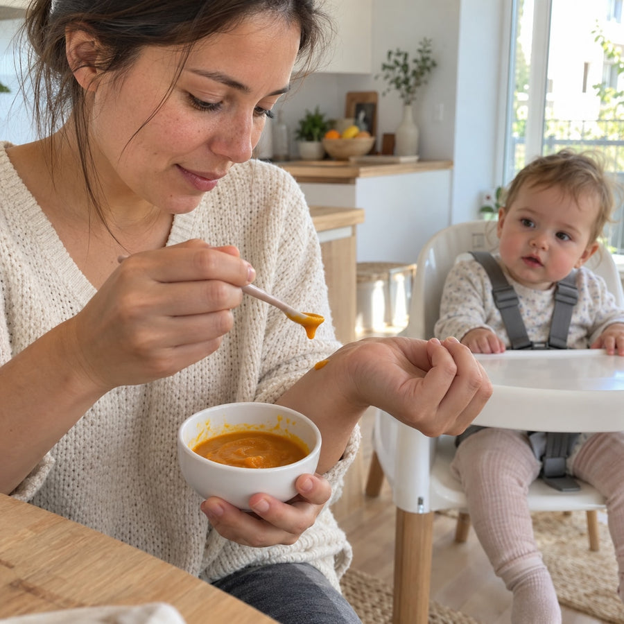 Parent qui vérifie la température de la purée sur l’intérieur de son poignet avant de servir son bébé