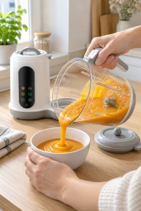 Purée versée du bol du robot cuiseur Securidou dans une assiette de bébé
