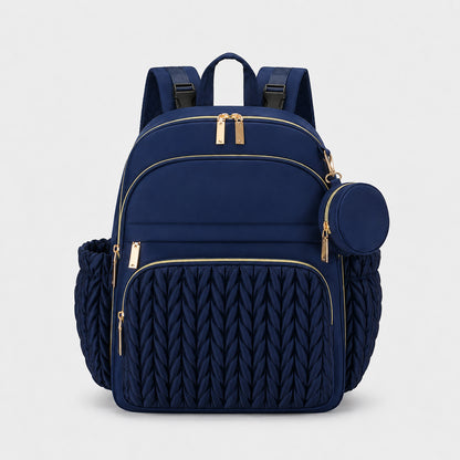 Sac à dos à langer Securidou bleu marine vu de face, façade matelassée tressée et zips dorés