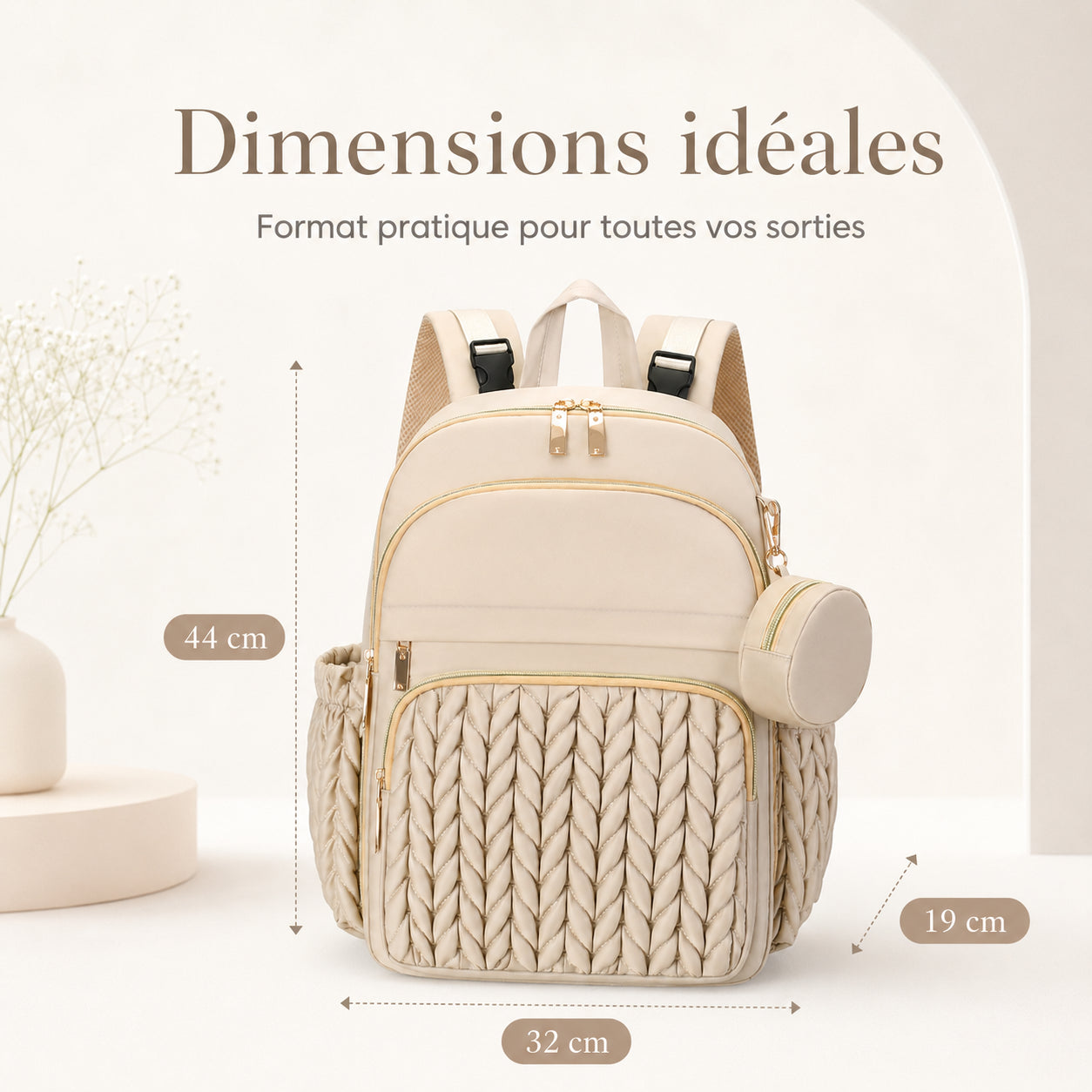 Dimensions du sac à dos à langer Securidou beige : 44 cm de hauteur, 32 cm de largeur et 19 cm de profondeur
