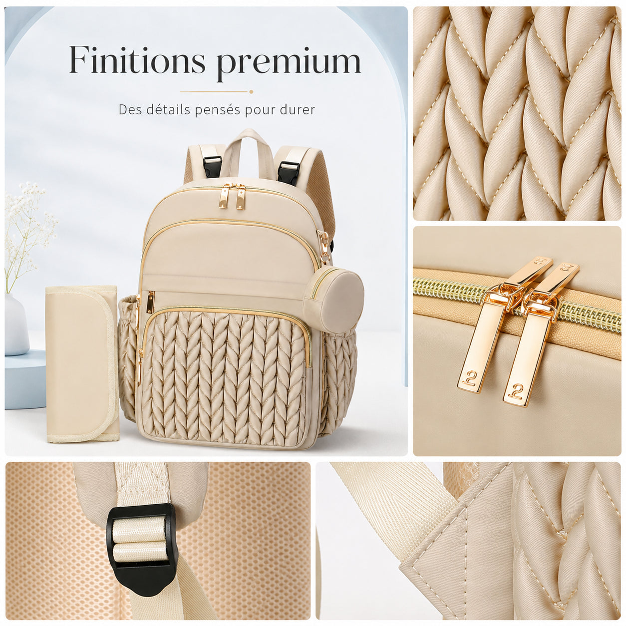Détails et finitions du sac à langer Securidou beige : matelassage tressé, zips dorés et boucles des sangles