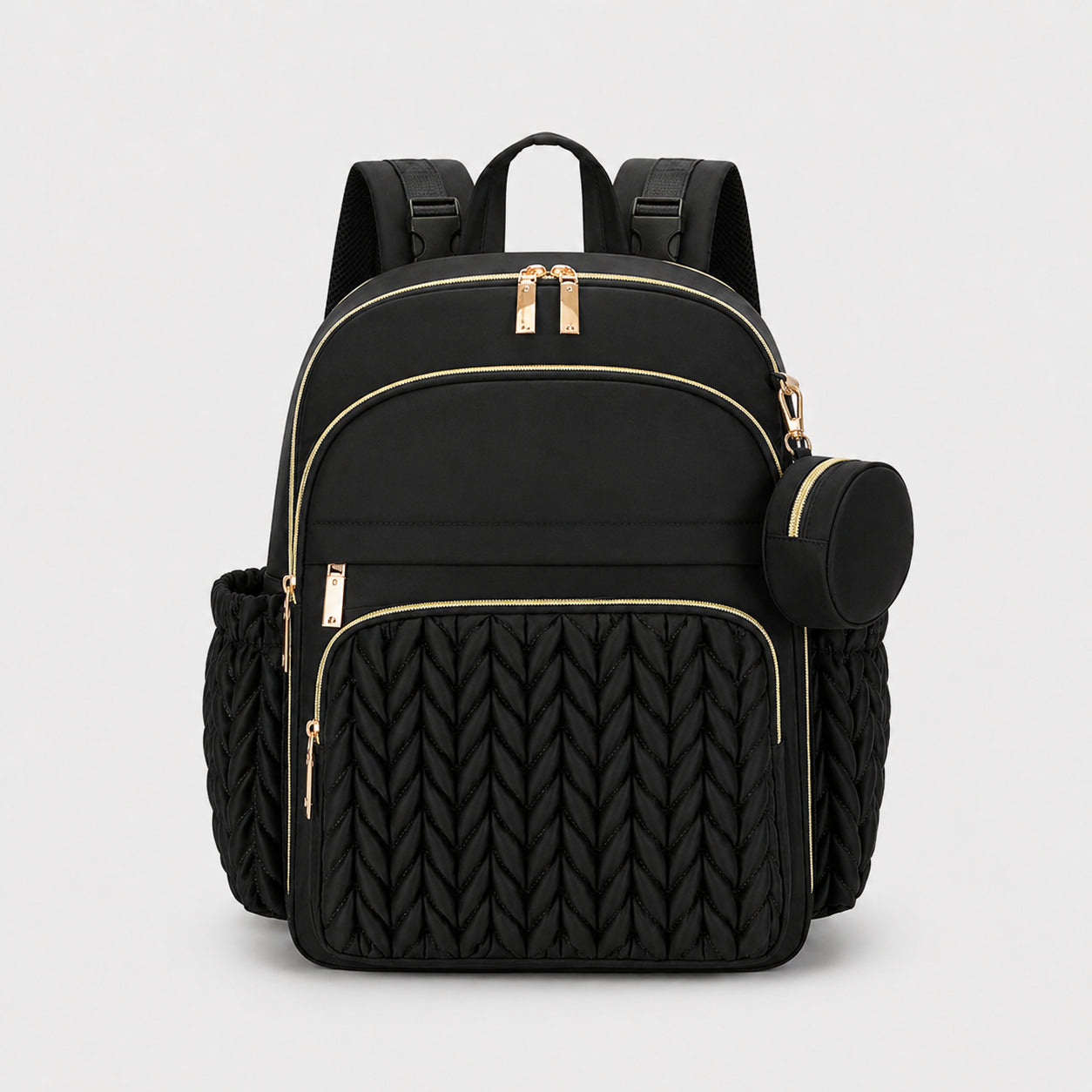 Sac à dos à langer Securidou noir vu de face, façade matelassée tressée et zips dorés contrastés