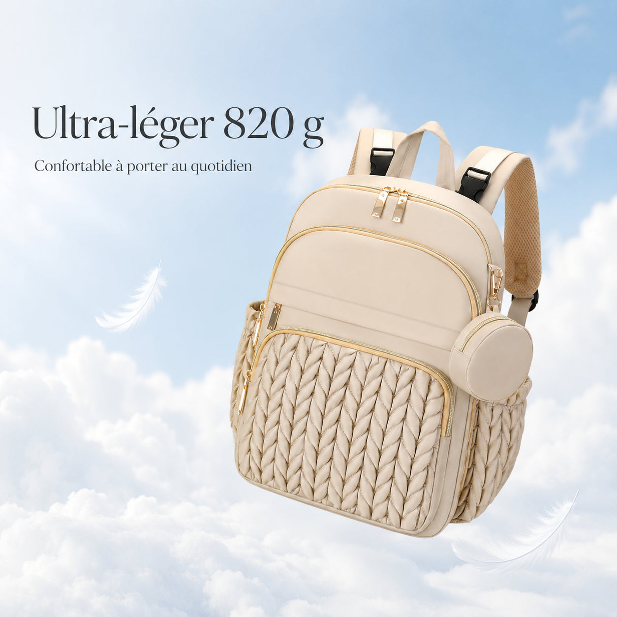 Sac à dos à langer Securidou beige ultra-léger de 820 g flottant dans les nuages, dos en filet respirant visible