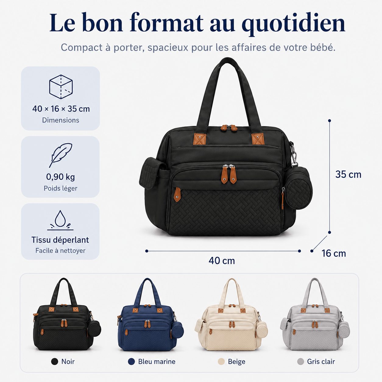 Dimensions du sac à langer multifonction Securidou : 40 × 16 × 35 cm, 0,90 kg, tissu déperlant — 4 coloris : noir, bleu marine, beige, gris clair