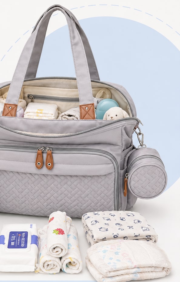 Sac à langer Securidou ouvert, les affaires de bébé rangées à l’intérieur