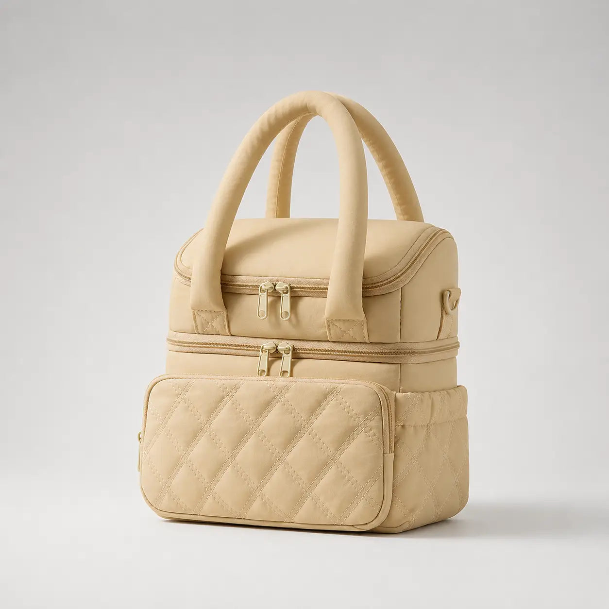 Sac isotherme biberon Securidou beige camel, double compartiment, vu de trois quarts avec poignées matelassées