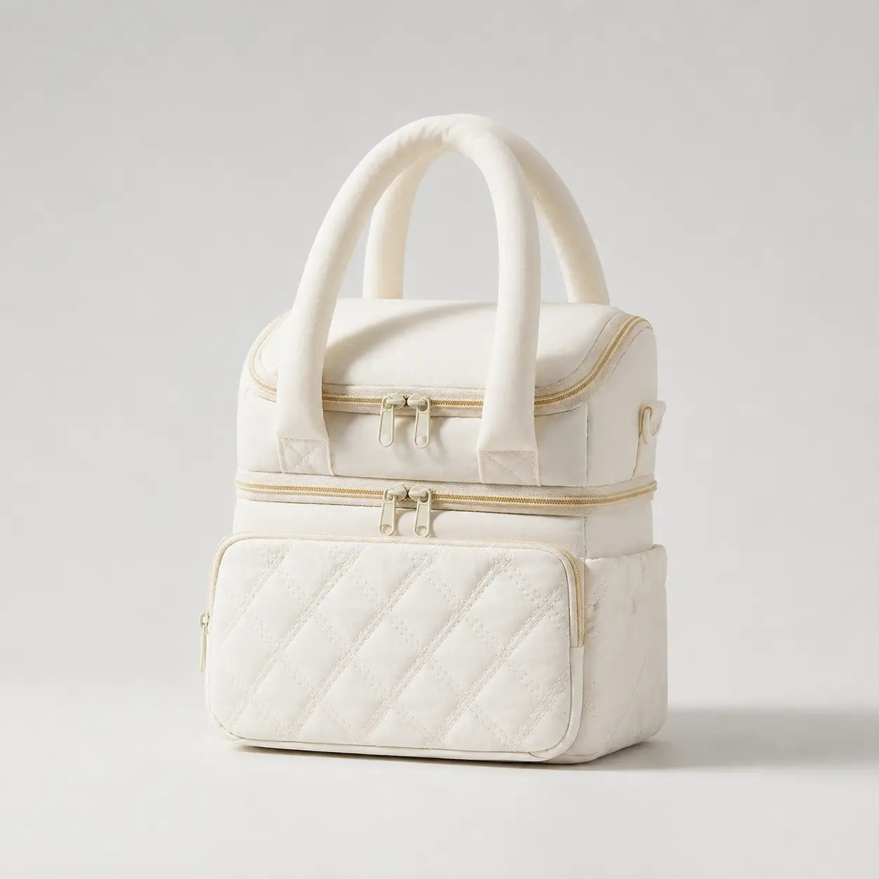 Sac isotherme biberon Securidou blanc ivoire, double compartiment, vu de trois quarts avec poignées matelassées