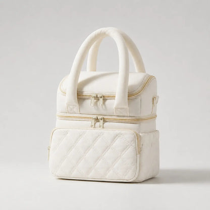 Sac isotherme biberon Securidou blanc ivoire, double compartiment, vu de trois quarts avec poignées matelassées