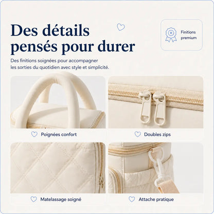 Détails du sac isotherme biberon Securidou : poignées confort, doubles zips, matelassage et attache bandoulière