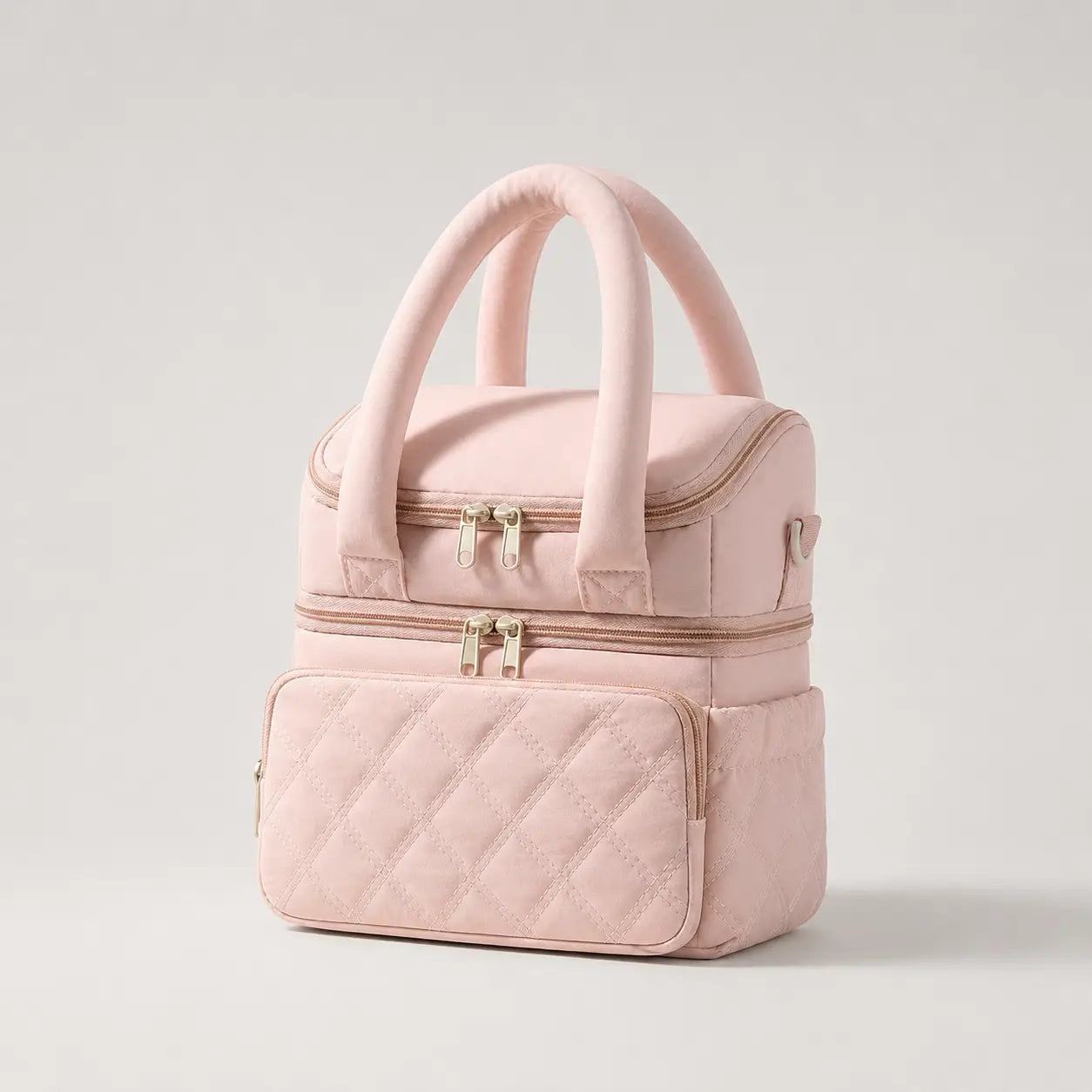 Sac isotherme biberon Securidou rose, double compartiment, vu de trois quarts avec poignées matelassées