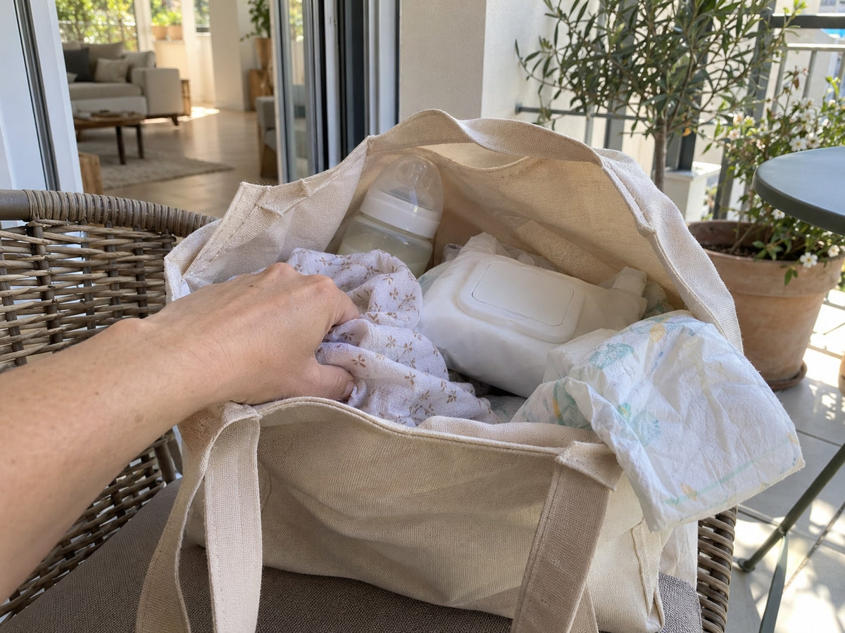 Cabas ouvert où biberon, couches et lingettes sont mélangés