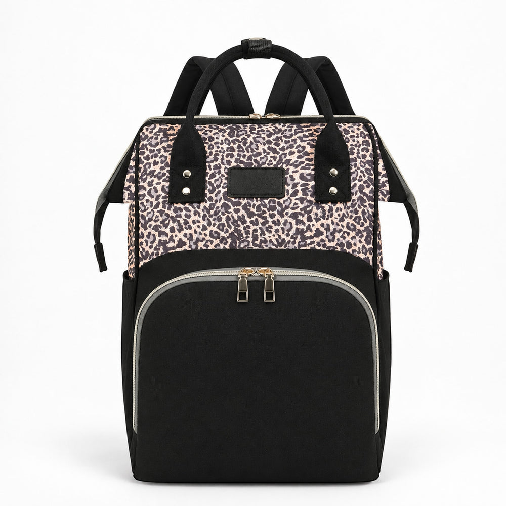 Sac à dos à langer léopard beige Securidou, sur fond blanc