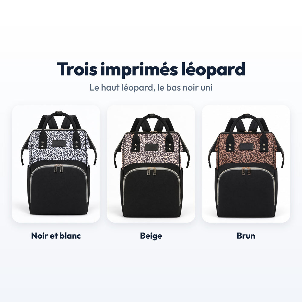 Sac à dos à langer Securidou en trois imprimés léopard : noir et blanc, beige, brun