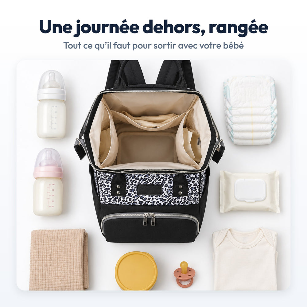 Sac à Dos à Langer Léopard Securidou : rempli, vu à plat