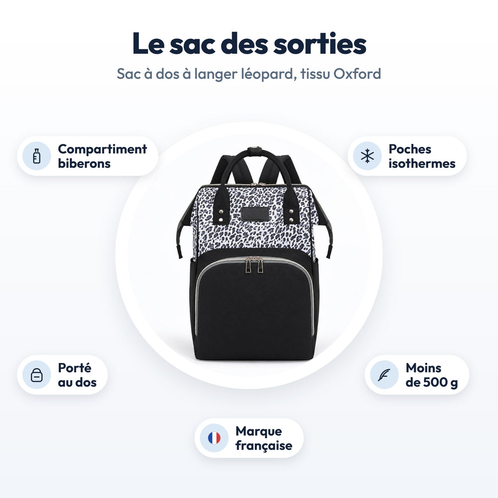Sac à dos à langer léopard Securidou : compartiment biberons, poches isothermes, moins de 500 g