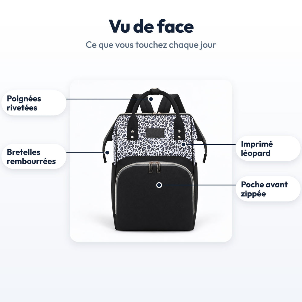 Sac à Dos à Langer Léopard Securidou : légendé, vu de face