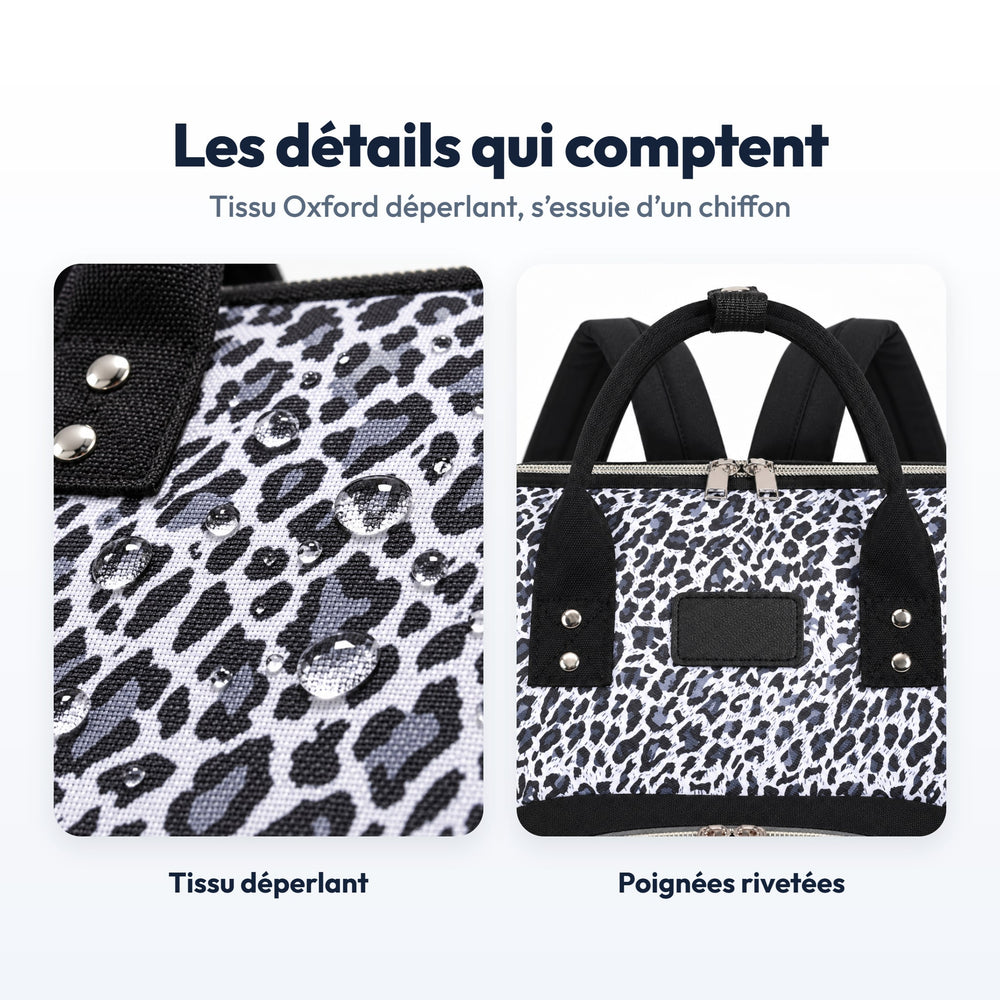 Sac à Dos à Langer Léopard Securidou : gros plans du tissu et des finitions