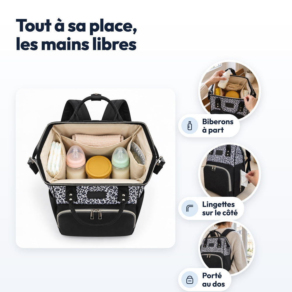 Sac à dos à langer léopard Securidou : biberons à part, lingettes sur le côté, porté au dos