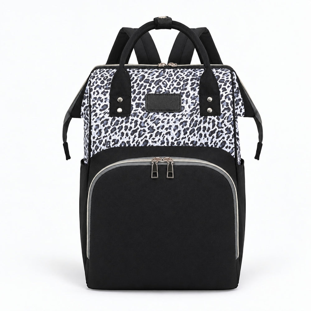 Sac à dos à langer léopard noir et blanc Securidou, sur fond blanc